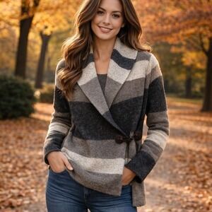 Sioni S Grey Striped Cardigan Sweater Shawl Collar Old Money Heritage Equestrian